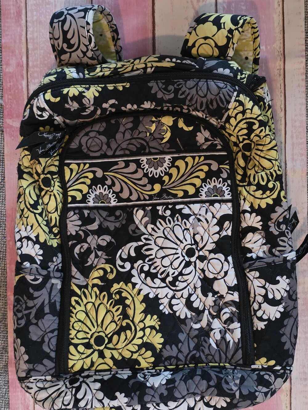Vera Bradley Black Yellow Gray Quilted Floral Backpack